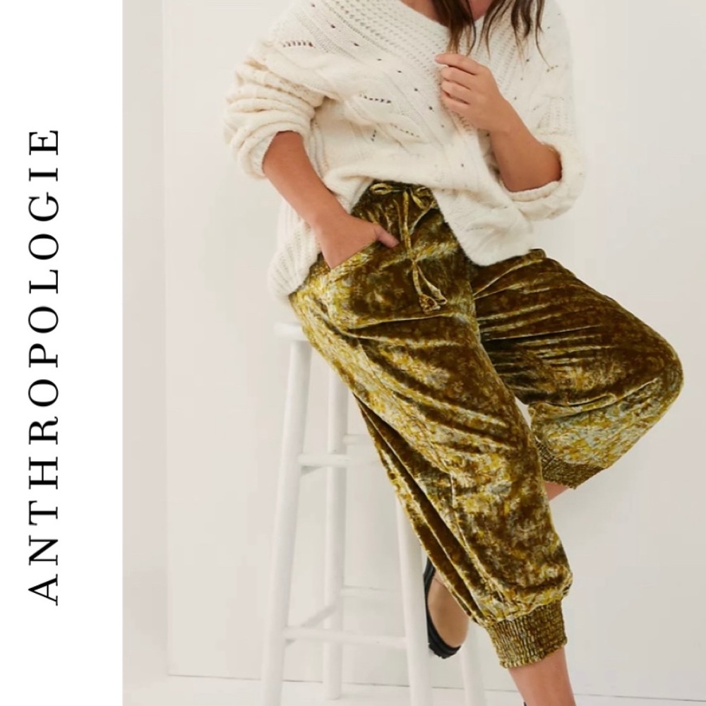 Anthropologie Gloria Velvet Joggers Smocked Waist High Rise Pockets